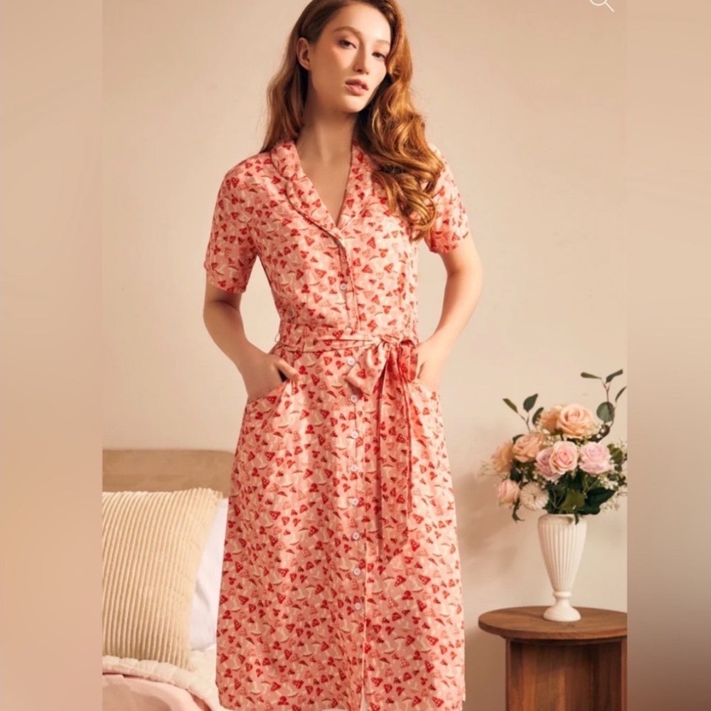 ModCloth Womens Mushroom Print Shirt Dress Whimsical Midi Pockets Tie Waist L